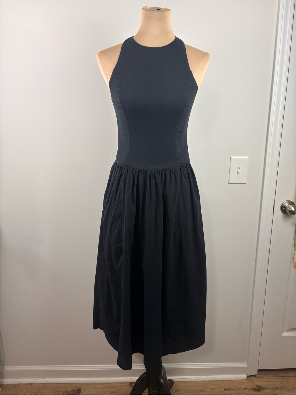 Abercrombie & Fitch High Neck Drop Waist Midi Dress Pockets Black Small Petite